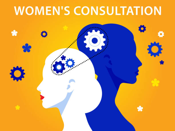 istock Two women connected with each other by chain and gear. Consulting business or women's consultation. Vector illustration in flat style for web, banner, poster, presentation. 1218848083