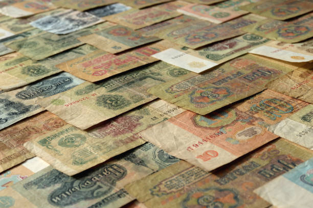 istock Old Russian earning pattern. Rubles money banknotes texture. Soviet cash filling background. Wealth financial backdrop. 1218849385