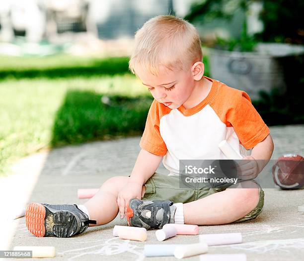 Sidewalk Chalk Stock Photo - Download Image Now - 2-3 Years, Blond Hair, Boys