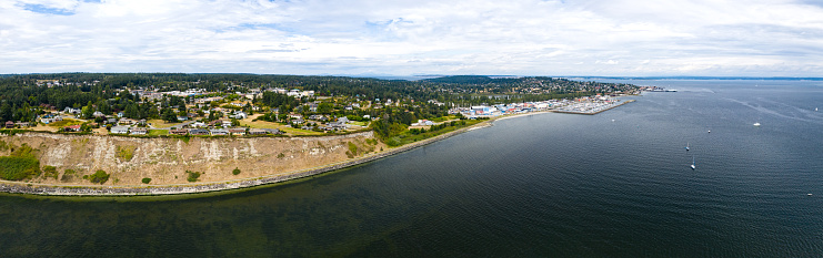 Port Townsend Washington USA Aerial Panoramic View of Pacific Coastline Looking into City