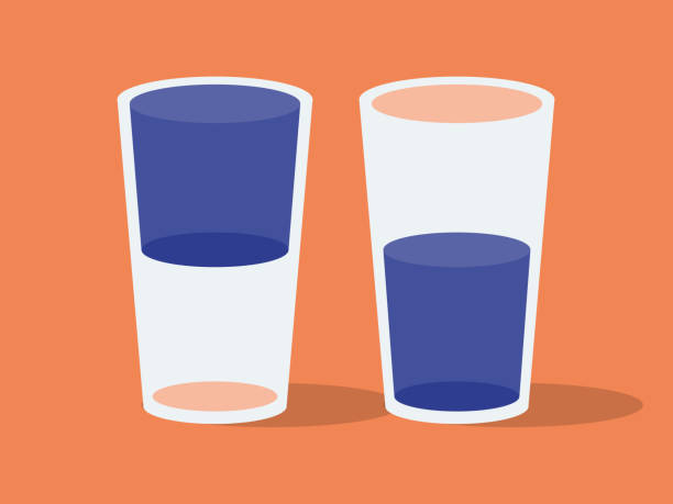 Illustration of two drinking glasses, glass half full or glass half empty Modern flat vector illustration appropriate for a variety of uses including articles and blog posts. Vector artwork is easy to colorize, manipulate, and scales to any size. half full stock illustrations