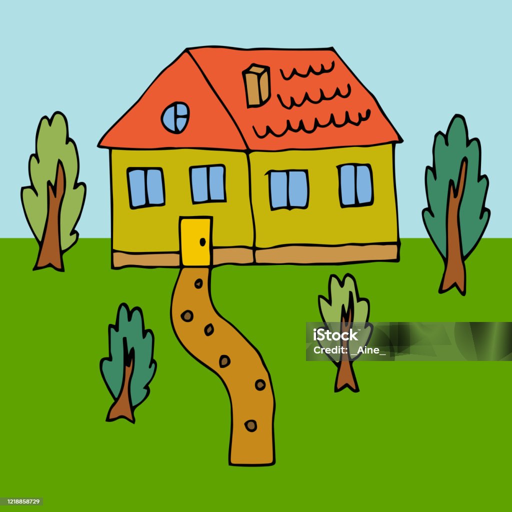 Cartoon Doodle House Và Khu Vườn Với Cây Cối Thẻ Làng Phong Cách ...
