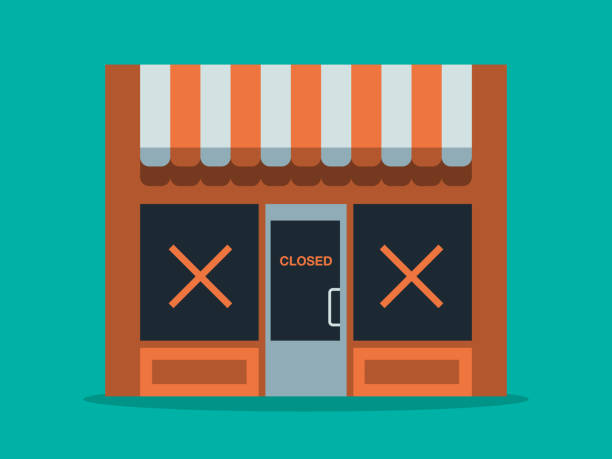 Illustration of main street store closure Modern flat vector illustration appropriate for a variety of uses including articles and blog posts. Vector artwork is easy to colorize, manipulate, and scales to any size. brick cafe stock illustrations
