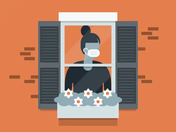 Vector illustration of Illustration of quarantined young woman wearing face mask and looking out window