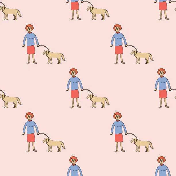 Vector illustration of Cartoon happy woman with her dog seamless pattern. Cute background. with best friends. Vector illustration.