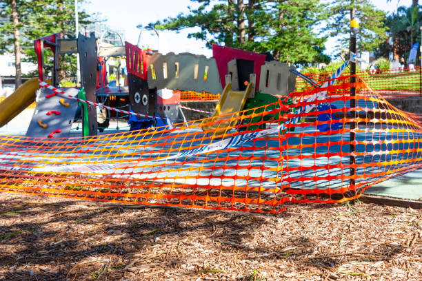 Cronulla, Australia - April 12, 2020: Children playground closed, COVID-19 pandemic restriction. Empty park and playground.