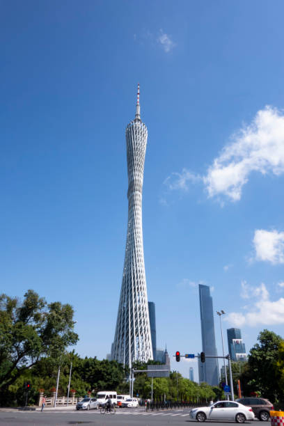 istock The landmark building Guangzhou tower under blue sky and white clouds 1218859866