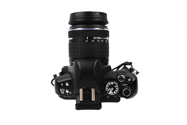 istock Side view of a black colored camera with lens attached to it on an isolated white background 1218861696