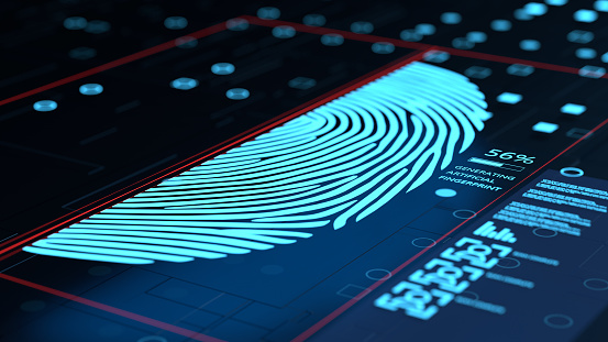 perspective view of 3d illustration with graphic digital touch interface software elements showing the process of generating artificial synthetic fingerprint for identity