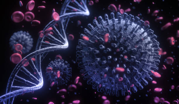 primo piano di illustrazione 3d del virus corona con filamento di dna su sfondo nero - genetic mutation foto e immagini stock