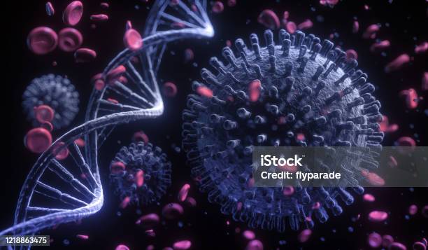 3d Illustration Closeup Of Corona Virus With Dna Strand On Black Background Stock Photo - Download Image Now