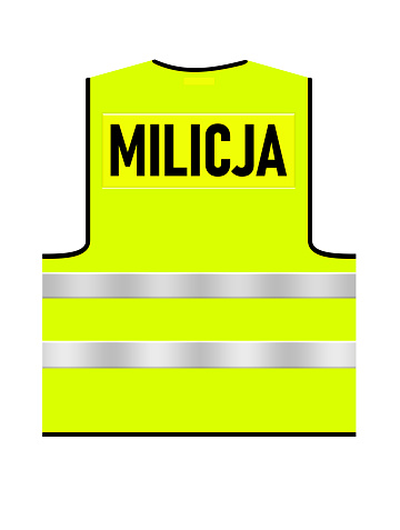 Bright green – yellow Polish traffic Milicja vest on a white isolated background. Back view. Concept illustration.  Black text design logo. Traffic vest with stripes reflecting the light.
