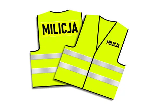 Photo of Bright green – yellow Polish traffic Milicja vest on a white isolated background.