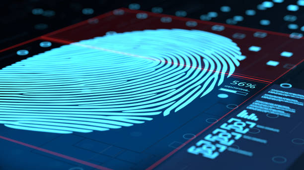 3d illustration of fingerprint concept scanning interface perspective view of 3d illustration with graphic digital touch interface software elements showing the process of scanning fingerprint for identity biometrics photos stock pictures, royalty-free photos & images