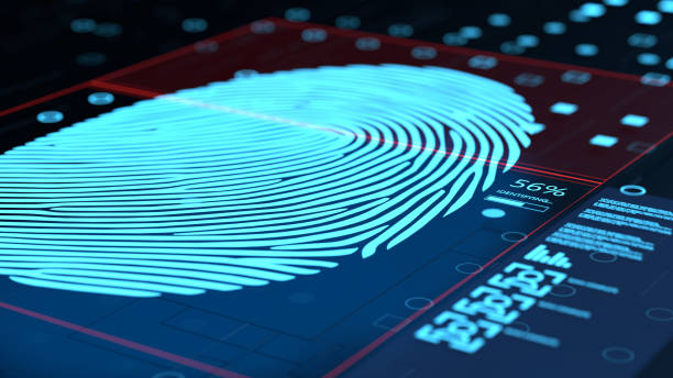 3d illustration of fingerprint concept scanning interface perspective view of 3d illustration with graphic digital touch interface software elements showing the process of scanning fingerprint for identity token stock pictures, royalty-free photos & images