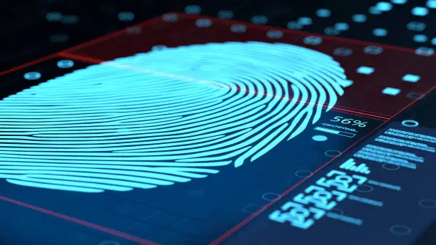 perspective view of 3d illustration with graphic digital touch interface software elements showing the process of scanning fingerprint for identity