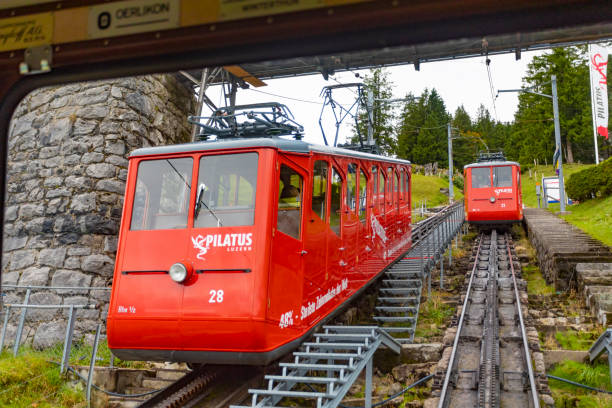 Lucerne, Switzerland - October 6, 2019: Mt Pilatus railway train carriages in Lucerne Switzerland