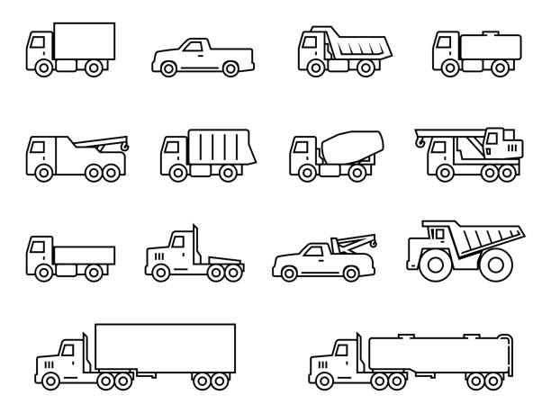 ilustraciones, imágenes clip art, dibujos animados e iconos de stock de conjunto de iconos de silueta de línea de camiones - camion de peso pesado