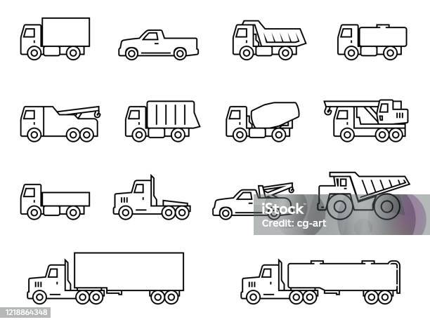 Truck Line Silhouette Icons Set Stock Illustration - Download Image Now - Truck, Icon, Semi-Truck