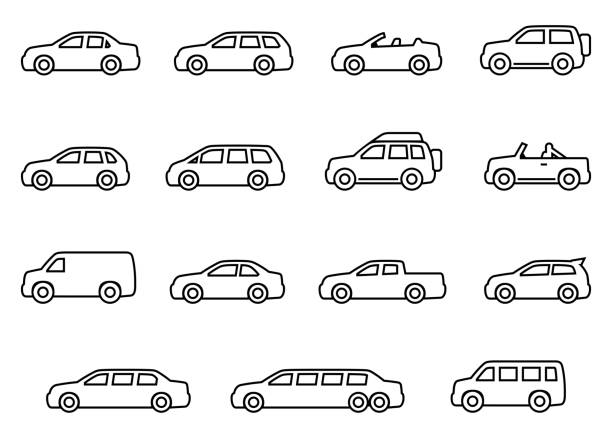zestaw ikon sylwetki linii samochodu - fury stock illustrations