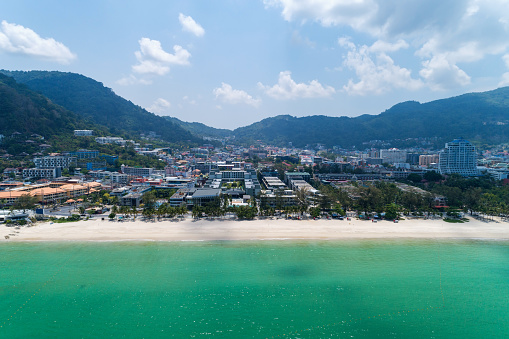 Empty beach at Patong beach Phuket Thailand in May 1 -2020 Beach closed during the Covid-19 Outbreak