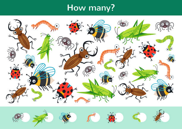Counting children game of a cartoon beetles. Counting children game of cartoon beetles. Kids learning collection. Count how many insects and write the result. Preschool worksheet activity. spy games stock illustrations