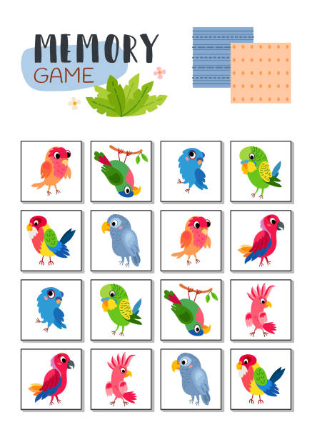 Memory game with cartoon tropical parrots. Memory game with cartoon tropical parrots. Kids learning collection. Find two identical pictures. The task for the development of logical thinking. Preschool worksheet activity. echo parakeet stock illustrations