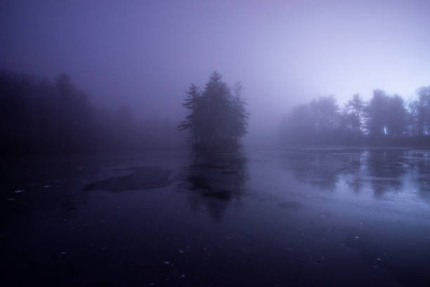 Fog on the Upper Waterton Lake shoreline at sunrise in Waterton National Park located in Alberta Canada