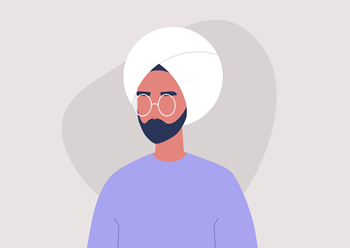 Young indian male character portrait, 3/4 front view, millennial lifestyle, flat vector graphics