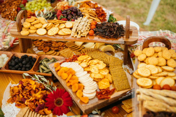 istock Different variety of cheese, bread, biscuits, ham 1218868185