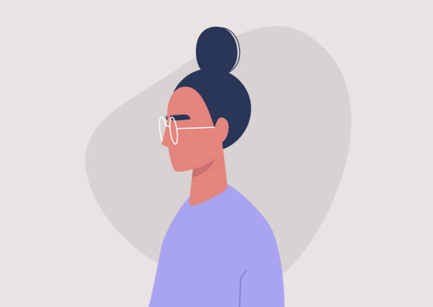 ilustraciones, imágenes clip art, dibujos animados e iconos de stock de retrato de personaje femenino joven, vista de perfil, estilo de vida milenario, gráficos vectoriales planos - hair bun asian ethnicity profile women