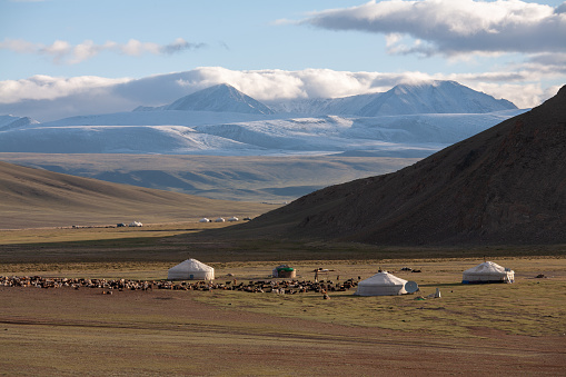 View of Mongolian gers against cloudy sky, Bayanzag, Mongolia.