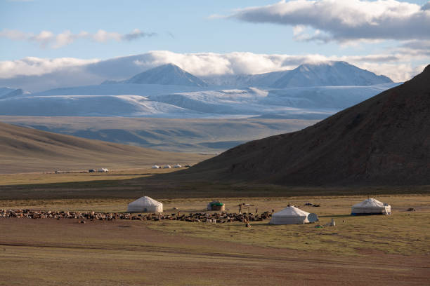 Nomad yurt in the mountain valley of Central Asia stock photo