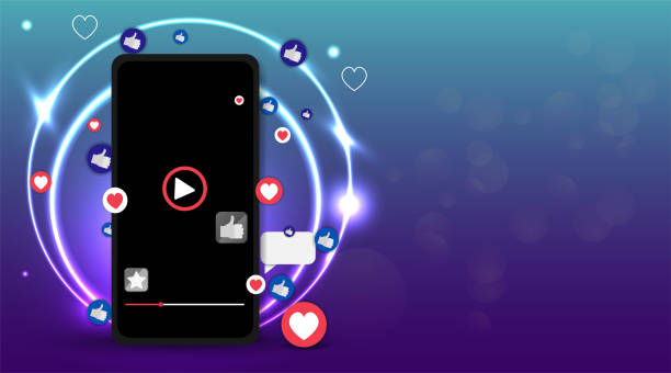 istock Video screen play button, Streaming preview template, 3d with likes and hearts, happy live, social media concept with media icons 1218869892