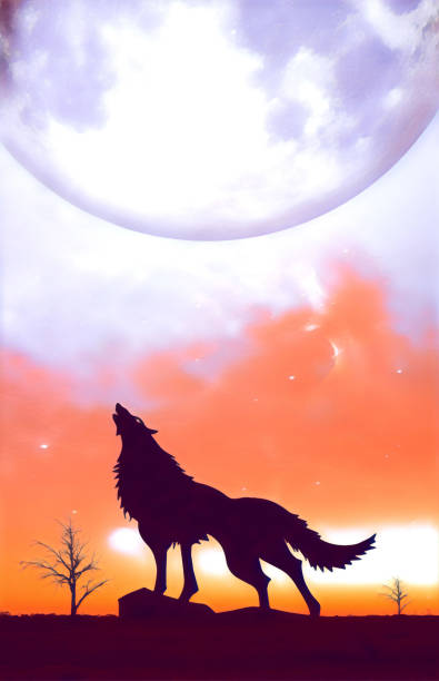 istock Fantasy landscape for e book cover - Howling wolf silhouette with huge planet rising in unreal sky digital illustration. Elements of this image furnished by NASA 1218871836