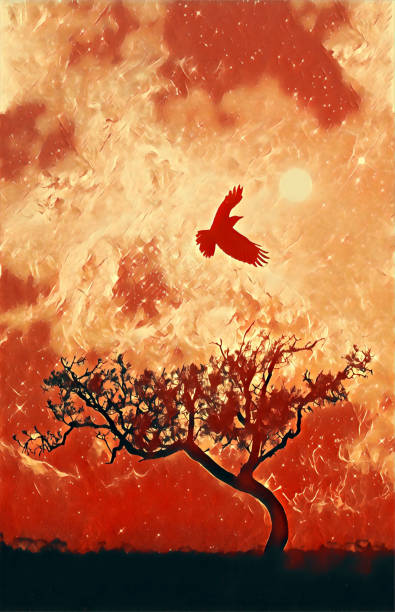 istock Ebook cover template - Lone tree silhouette with bird in flight with glowing orange galaxy stars digital illustration - elements of this image are furnished by NASA 1218871838