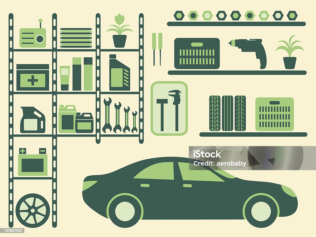 Гараж набор силуэтов отделение и объектов. - Векторная графика Автомобиль роялти-фри