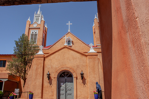 Albuquerque, New Mexico, USA - April 14 2020: San Felipe de Neri Church in Old Town, Albuquerque closed due to COVID-19 pandemic