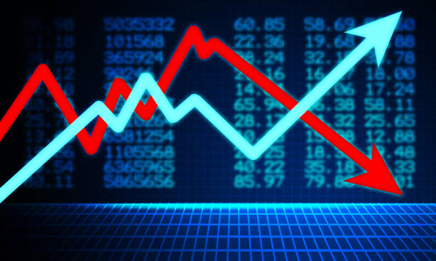 istock Blue arrow up and red down arrow 1218879691