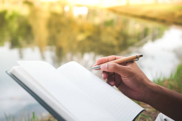 istock Woman hand writing down in small white memo notebook for take a note not to forget or to do list plan for future. 1218880421