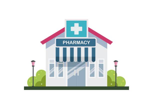 Drugstore building. Pharmacy store. Simple flat illustration. Simple illustration of a drugstore building store wall surrounding wall facade stock illustrations