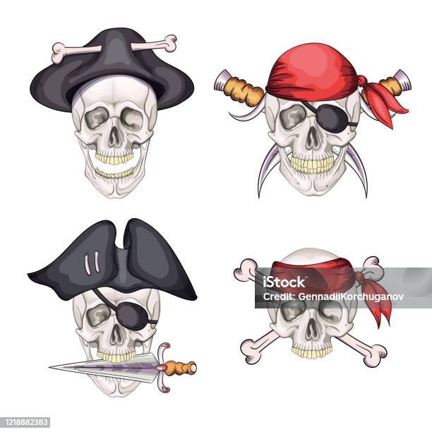 Danger Pirate Skull Set In Bandane And Hat For Tattoo Or Tshirt Design  Stock Illustration - Download Image Now - iStock