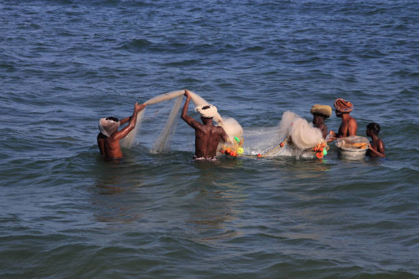 Rameshwaram, India - October 05,2015: Unidentified fishermen fishing with their net in the sea in Rameshwaram Tamil Nadu, India.