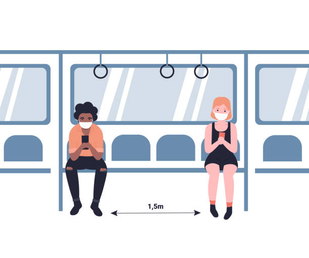 social distance with coron... in the subway concept People in masks ride the subway, metro, bus, train. Social distance 2m. Male and female characters in public transport. Flat vector cartoon design illustration. Ncov, covid 2019, Coronovirus concept. human cardiopulmonary system audio stock illustrations
