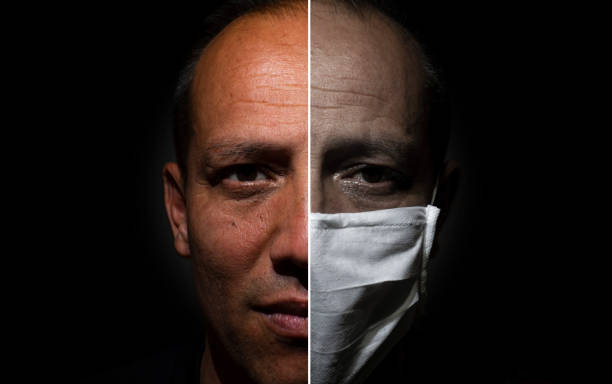 Before and after shot of a senior adult male infected by corona virus stock photo