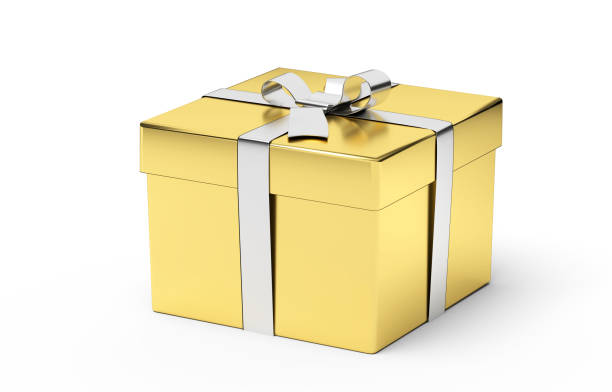 istock Golden gift box with a silver ribbon and bow on white background. 3D illustration 1218888806