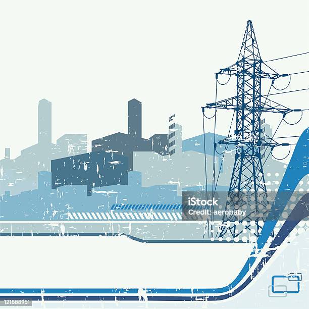 Башни Высокого Напряжения Силуэт На Абстрактный Городской Фон — стоковая векторная графика и другие изображения на тему Башня