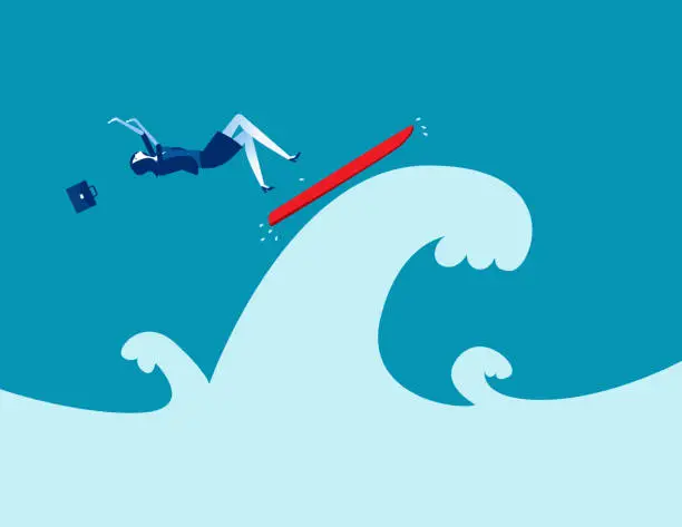 Vector illustration of Falling from a surfboard, Business falling off concept