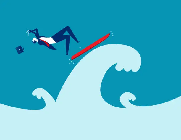 Vector illustration of Falling from a surfboard, Business falling off concept