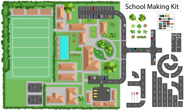 School and suburb Road Maker Construction Kit more in my portfolio Build your own school and suburb, grouped and layered, see my portfolio for other kits high angle view illustrations stock illustrations